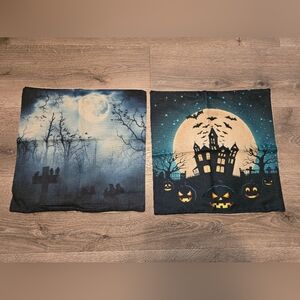 Set Of 2 Halloween Spooky Pillowcases Haunted House Bird In Graveyard 17" X 17"